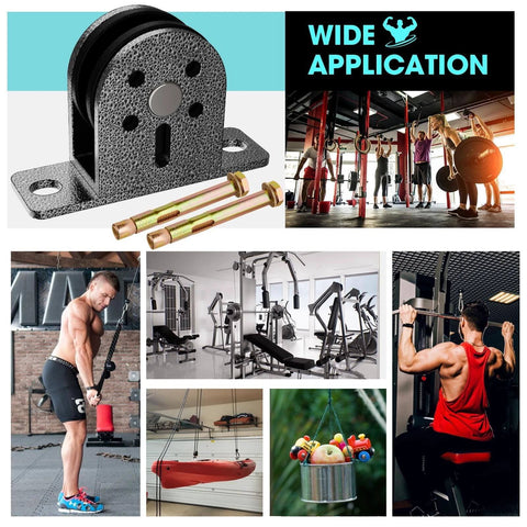 Cable Rope Bearing Pulley Wheel, Wall-Mounted Fixed Pulley Weight System for Home Gym, Weightlifting, DIY Fitness Equipment, Ceiling Mount Accessories (Grey-1pc) displayed with multiple workout settings and applications.