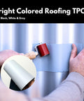 Person applying grey roofing tape with sealant roller for repairs on metal surface