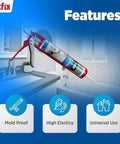 Gray RTV Silicone Caulk 2 Pack 100E Waterproof Sealant for kitchen and bathroom showcasing mold proof, high elasticity, universal use.