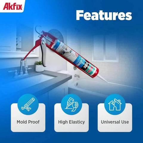 Gray RTV Silicone Caulk 2 Pack 100E Waterproof Sealant for kitchen and bathroom showcasing mold proof, high elasticity, universal use.