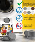 Achieve quiet, stable laundry days with these ultra thin anti vibration pads for washing machines; 8 pack of grey pads displayed in front of washer.
