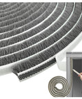 Close-up of Self-Adhesive Pile Weather Stripping Seal for Sliding Windows and Door Frames, 16.5ft x 11/32 inch, Grey, with installation view.