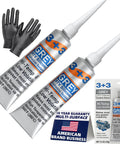 High Temp Silicone Gasket Maker For Engine Oil Pan Valve Cover And Transmission Housing Oil Resistant No Drip Non Corrosive Sealant With 590F Heat Tolerance Grey Two Pack Professional Grade Formula displayed with gloves and packaging.