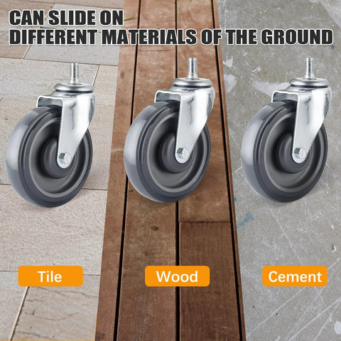 4 Pack 5 Inch Swivel Cart Casters With 7 Sixteenth Inch Metal Nuts Heavy Duty TPR Thermoplastic Rubber Wheels on tile, wood, cement