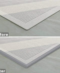 Trimold Carpet to Tile Floor Transition Strip, grey self-adhesive threshold edging showing installed before and after comparison, 3m length