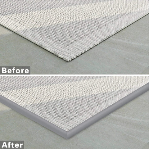 Trimold Carpet to Tile Floor Transition Strip, grey self-adhesive threshold edging showing installed before and after comparison, 3m length