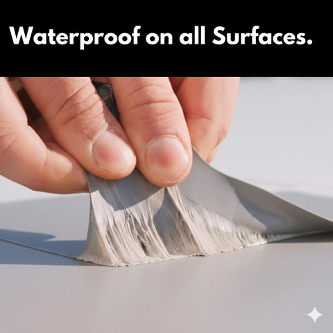 Sealant Tape With MicroSealant for instant roof repairs being applied on surface with label waterproof on all surfaces