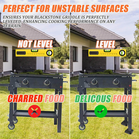 Four Pack One Quarter Inch Griddle Leveling Shims Kit For Blackstone Griddle Stackable Plastic Leveling Shims For Easy Leveling Keep Flat Top Grill Level And Stable On Grass Dirt Or Concrete Grill Accessories showing level and unlevel griddle comparison.