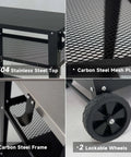 Close-up of Heavy Duty Outdoor Grill Cart with carbon steel mesh, 304 stainless steel top, carbon steel frame, and lockable wheels.