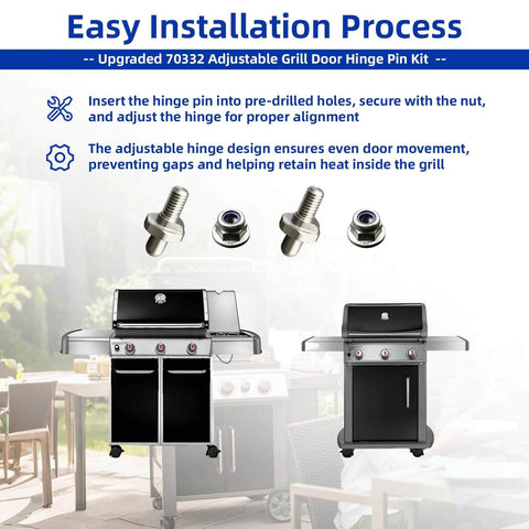 Grill Door Hinge Pin Kit 2 Pack With Adjustable Bolt And Lock Nut For Genesis Spirit Summit Series Grills, installation process shown.
