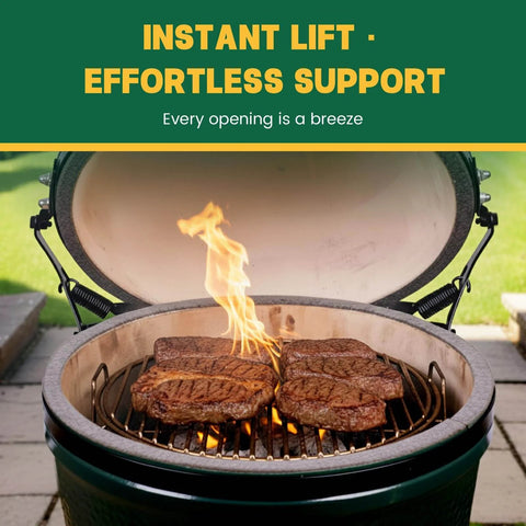Medium Green Egg grill with open lid, showing 2 Pack Hinge Springs For Medium Green Egg Grill 304 Stainless Steel Replacement Parts.