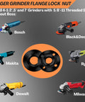 Versatile 7-Piece Grinder Nut and Wrench Kit with 5/8-11 Arbor shown with Dewalt, Milwaukee, Makita, Ryobi, Bosch models