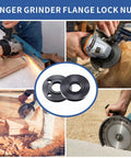7-Piece 5/8-11 Grinder Nut Kit with Wrench in use on various grinders, showcasing secure wheel mounting and easy changes for 4.5, 5, and 7 inch sizes.