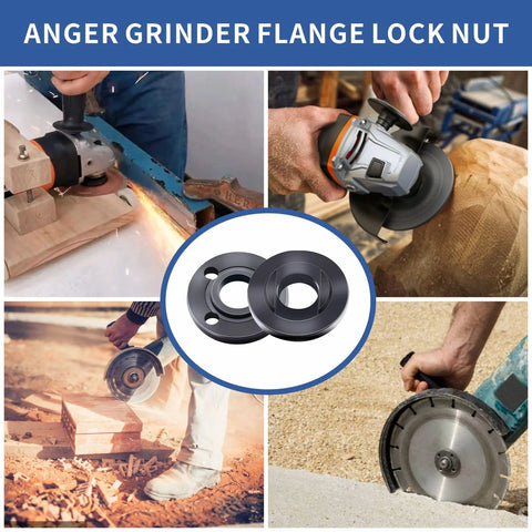 7-Piece 5/8-11 Grinder Nut Kit with Wrench in use on various grinders, showcasing secure wheel mounting and easy changes for 4.5, 5, and 7 inch sizes.