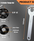 Image of a 5/8-11 grinder flange nut with dimensions and a matching wrench from the Versatile 7-Piece Grinder Nut and Wrench Kit.