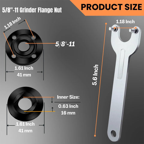 Image of a 5/8-11 grinder flange nut with dimensions and a matching wrench from the Versatile 7-Piece Grinder Nut and Wrench Kit.