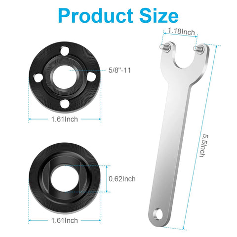Diagram of 7 Piece Angle Grinder Nut And Flange Wrench Kit With 5/8-11 Thread For Fast Wheel Changes showing wrench and flange nut sizes.