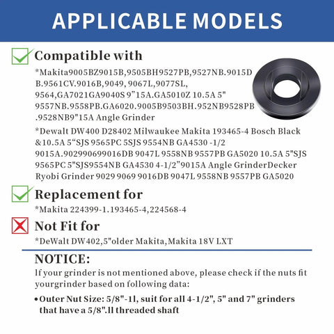 7-Piece 5/8-11 Grinder Nut Kit with Wrench compatibility chart, listing compatible and non-compatible grinder models.