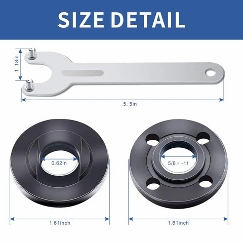 Size detail of 7-Piece 5/8-11 Grinder Nut Kit with Wrench depicting wrench and two flange nuts with measurements