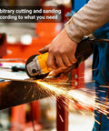 Person using an angle grinder on a metal surface with sparks flying, showcasing arbitrary cutting and sanding capabilities.