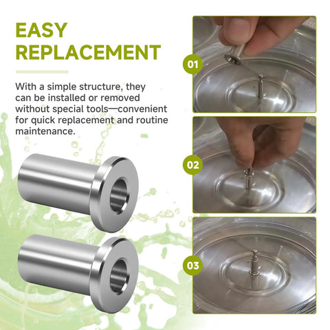 Installation steps for Six Pack 3220 Bearing Sleeves For Grindmaster Crathco Beverage Dispensers with easy replacement text and stainless steel sleeves close-up.
