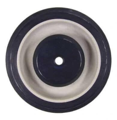 Close-up of Bulk Shopping Cart - Grocery Cart Wheels | 100 Piece, black rubber wheel, 5-inch diameter, 5/16 inch hole.