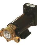 Groco SPO-60-N 12V Vane Pump, 6.5 gpm, 1/2" NPT Inlet x 1/2" NPT Outlet, 12 VDC, side view showing brass and black motor housing
