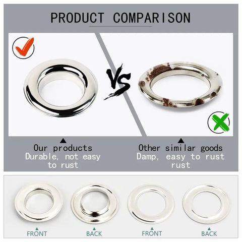 Product comparison showing durable grommet from Grommet Kit For Leather And DIY Projects Bulk 800 Sets Of 3mm Eyelets In Four Colors Includes Punch Base And Install Tool For Quick Easy No Fuss Install On Clothing Bags And Crafts and a rusted similar product