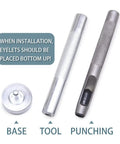Grommet Kit For Leather And DIY Projects Bulk 800 Sets Of 3mm Eyelets In Four Colors Includes Punch Base And Install Tool For Quick Easy No Fuss Install On Clothing Bags And Crafts showing base, tool, and punching components