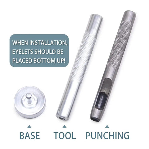 Grommet Kit For Leather And DIY Projects Bulk 800 Sets Of 3mm Eyelets In Four Colors Includes Punch Base And Install Tool For Quick Easy No Fuss Install On Clothing Bags And Crafts showing base, tool, and punching components