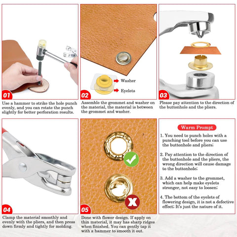 Step-by-step guide for using button hole puncher and washer assembly with visual instructions on leather material and tools setup.