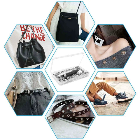 Grommet Tool Kit 120 Sets Half Inch With Setting Tools And Storage Box For Fabric Tarps Curtains DIY Friendly Eyelets Kit Easy Install For Beginners Welcome shown with applied grommets on clothing and accessories.