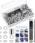 Grommet Tool Kit 120 Sets Half Inch With Setting Tools And Storage Box For Fabric Tarps Curtains DIY Friendly Eyelets Kit Easy Install For Beginners Welcome, showing tools, eyelets, and user manual.