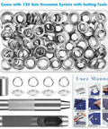Grommet Tool Kit 120 Sets Half Inch With Setting Tools And Storage Box For Fabric Tarps Curtains DIY Friendly Eyelets Kit Easy Install For Beginners Welcome, includes tools, eyelets, and manual.