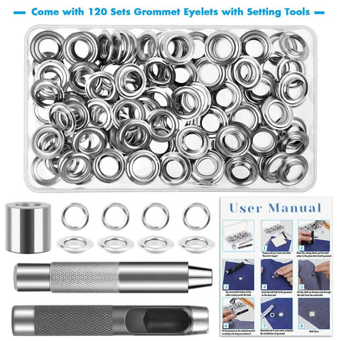 Grommet Tool Kit 120 Sets Half Inch With Setting Tools And Storage Box For Fabric Tarps Curtains DIY Friendly Eyelets Kit Easy Install For Beginners Welcome, includes tools, eyelets, and manual.