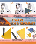 Illustration showing step-by-step use of Grommet Tool Kit With 200 Sets Three Eighths Inch Grommets Heavy Duty Pliers Kit for tarps and banners.