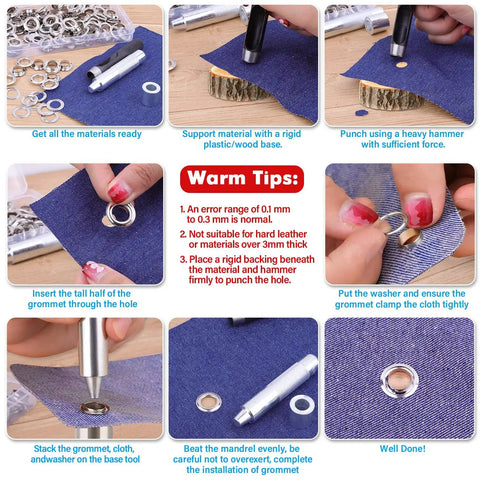 Step-by-step instructions for using the Grommet Tool Kit 120 Sets Half Inch With Setting Tools and Storage Box for fabric projects.