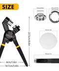 Heavy Duty Grommet Tool Kit with 1/2 Inch Die and 300 Sets of 12MM Grommets showing tool dimensions and components overview