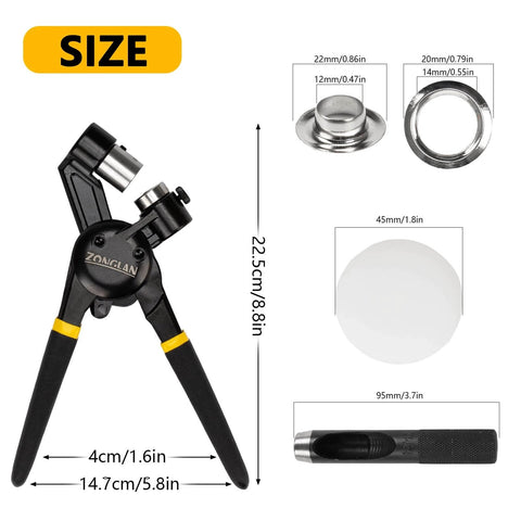 Heavy Duty Grommet Tool Kit with 1/2 Inch Die and 300 Sets of 12MM Grommets showing tool dimensions and components overview