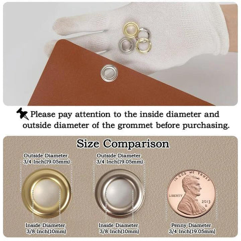 Close-up of gloved hand holding grommets with size comparison chart; Grommet Tool Kit With 200 Sets Three Eighths Inch Grommets Heavy Duty.
