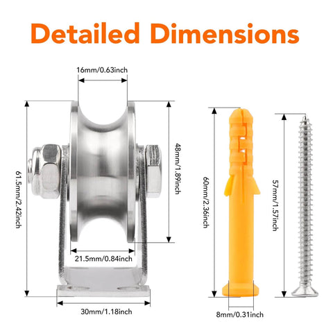Detailed dimensions of 2PCS Groove Wheel Pulley, 304 Stainless Steel Pulley Blocks, Wall Mount Cable Pulley Wheel Duplex Bearings, Screws