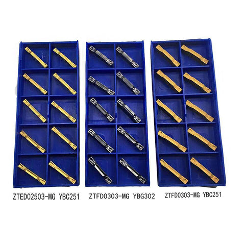 Indexable External Turning Grooving Carbide Inserts For Steel And Stainless Steel With Top Notch ZTED02503 MG YBC251 Coated TiCN Al2O3 TiN Hybrid Coating For Semi Finishing And Rough Milling In Grooving Insert Holders 10 Pack arranged in blue trays