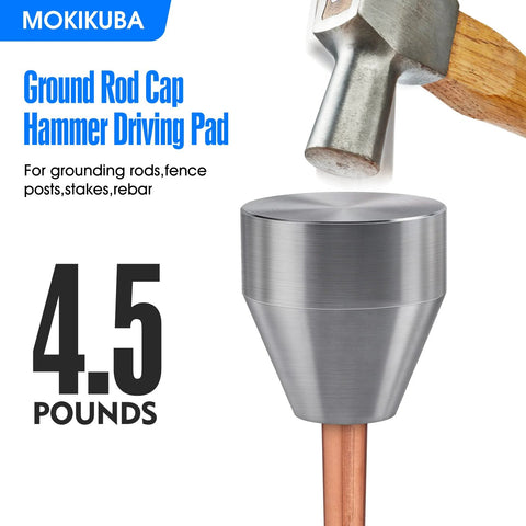 Ground Rod Cap Driver Pad Hammer for One Half Inch Five Eighth Inch and Three Quarter Inch Grounding Rods, steel hammer close-up.