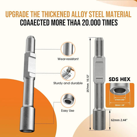 Ground Rod Driver For Hex Shank Rotary Hammer Drill For Grounding Rods And Jack Hammer Bits, 40% Chrome Steel, Dimensions Shown