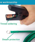 Close-up of UL listed ground wire with crocodile clip, tinned soldering, and sheath protection from Portable Ground Rod Kit With Half Inch Diameter Eighteen Inch Rod And Five Point One Foot Twelve AWG UL Listed Ground Wire With Crocodile Clips For Electric Fences Antennas And Generators Zinc Coated For Corrosion Resistance.