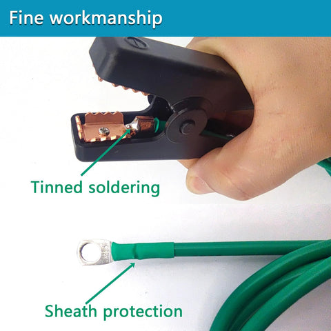 Close-up of UL listed ground wire with crocodile clip, tinned soldering, and sheath protection from Portable Ground Rod Kit With Half Inch Diameter Eighteen Inch Rod And Five Point One Foot Twelve AWG UL Listed Ground Wire With Crocodile Clips For Electric Fences Antennas And Generators Zinc Coated For Corrosion Resistance.
