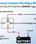 Diagram showing connection instructions for 5 Pin Waterproof Relay Kit 40 30 Amp 12V SPDT Relay With Harness, highlighting grounding.