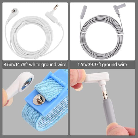 Copper Grounding Rod With 40ft Wire For Earthing kit showing 39ft cord, 14.76ft white wire, and blue wristband detail view.