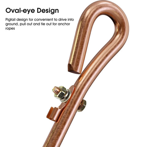 Close-up of Portable Grounding Rod with 4 ft flexible copper bonding wire and copper clip, oval-eye design, copper clad construction
