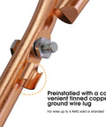 Close-up of copper rod with preinstalled tinned copper ground wire lug from Portable Grounding Rod With 4 Ft Flexible Copper Bonding Wire And Copper Clip